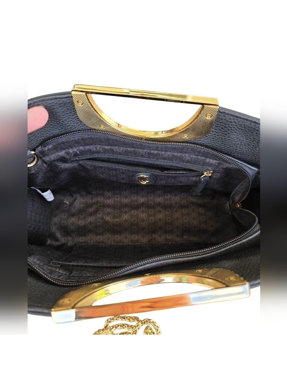 Womens Black Leather Clutch Gold Accents Purse Shoulder Bag Crossbody Evening - Picture 5 of 10